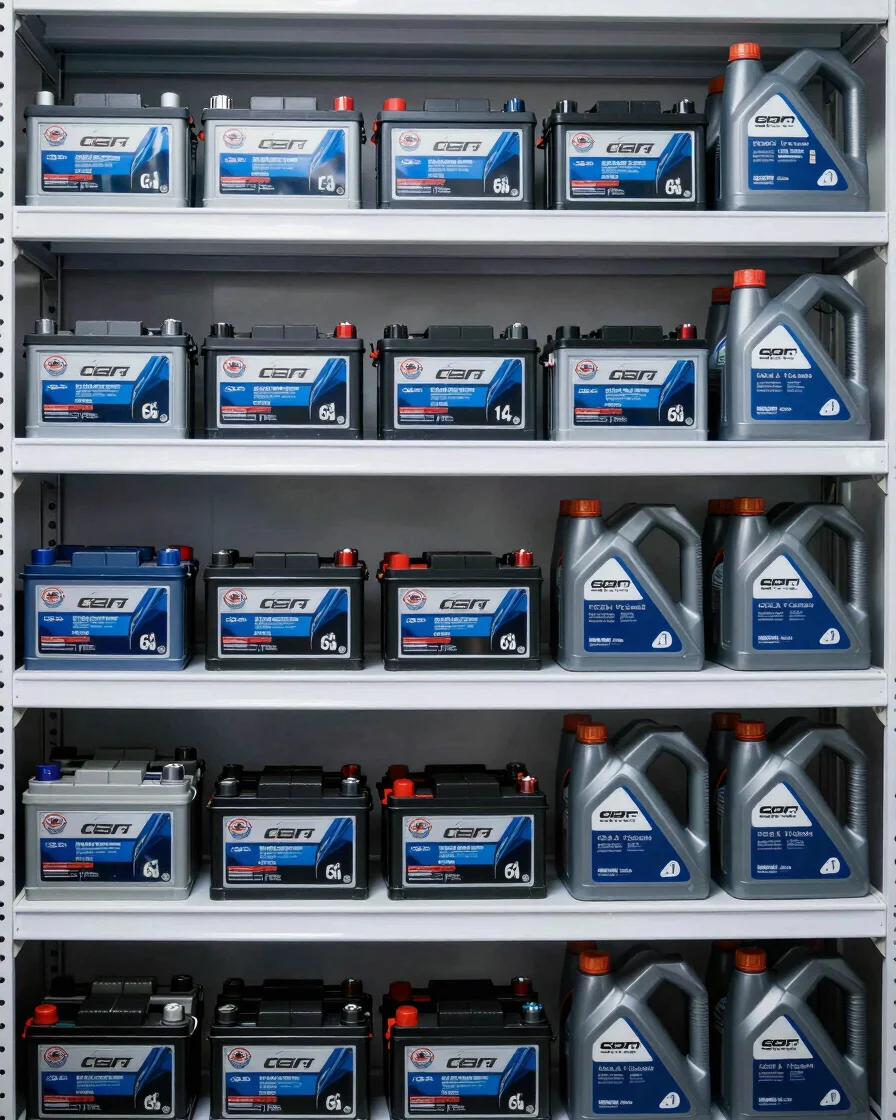 Neatly arranged shelves of branded car batteries and motor oil containers inside a clean automotive service center in br